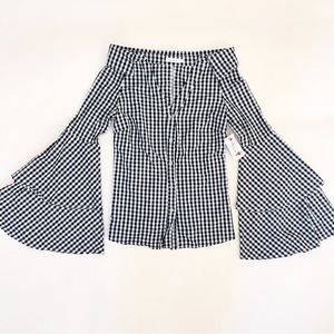 Red Dress Boutique Black & White Gingham Off The Shoulder Button Down Top